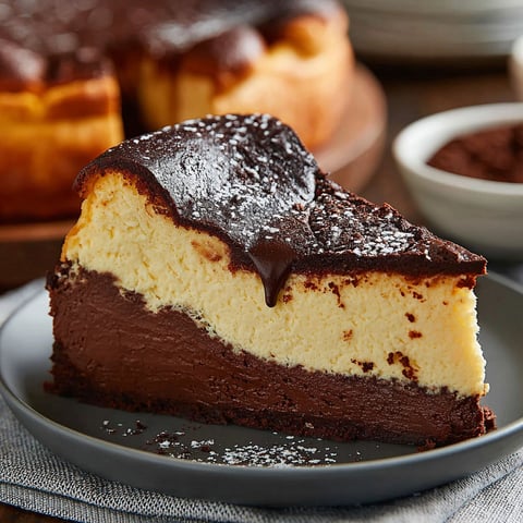 A slice of chocolate basque cheesecake.