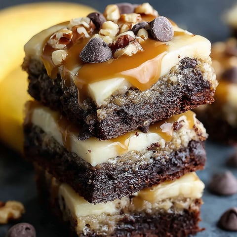 Three slices of banana bread brownies with caramel drizzle.