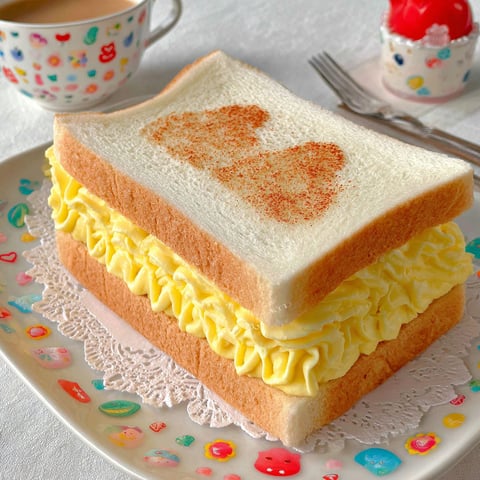 A sandwich with two slices of bread and a heart shaped piece of bread in the middle.