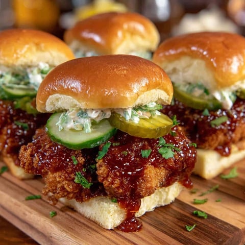 Nashville Hot Chicken Sliders with pickles and barbecue sauce.