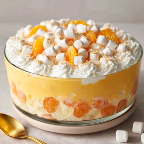 A glass bowl filled with a dessert made with mandarin oranges and marshmallows.