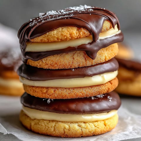 A stack of cookies with chocolate icing.