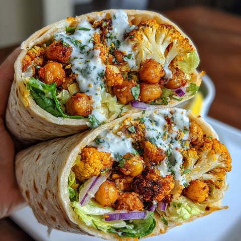 A person is holding a wrap with chickpeas, cauliflower, and lime.